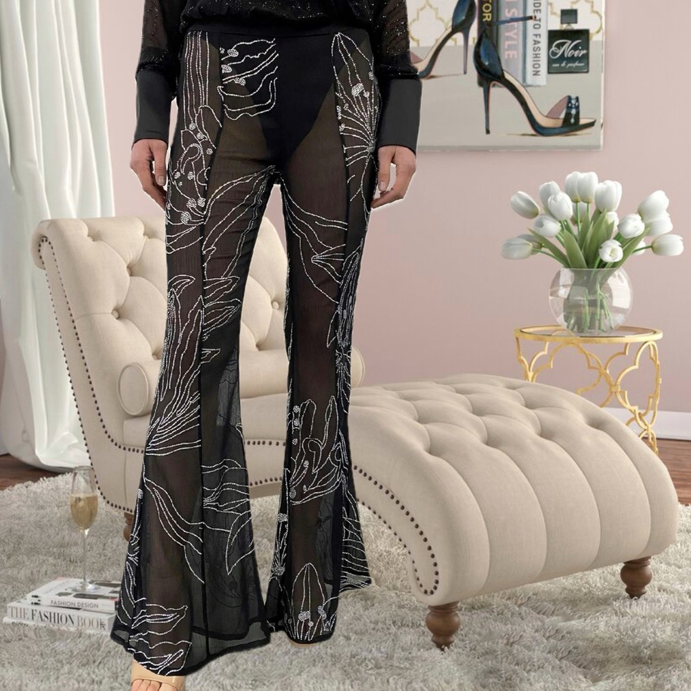 Rococo Sand Sheer Embellished Dream Pants with Under Layer Shorts Set NWT